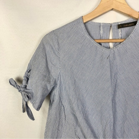 Zara Blue & White Stripe Tie Front Short Sleeve Blouse M - Picture 3 of 3